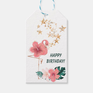 Pretty Pink Floral Flamingo Birthday Gift Tags