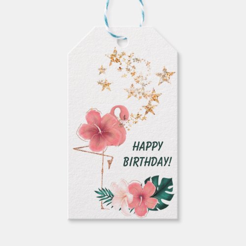 Pretty Pink Floral Flamingo Birthday Gift Tags