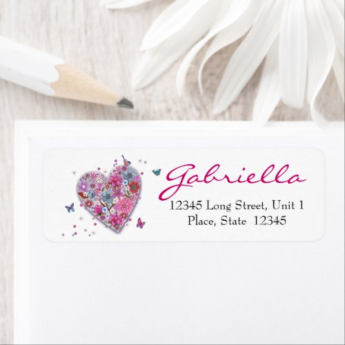 Pretty Pink floral Flower Heart Label