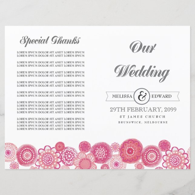 Pretty Pink Floral Flowers Wedding Program Booklet (Front)