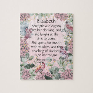 Pretty Pink Floral Garden Birds Proverbs 31 Bible Jigsaw Puzzle