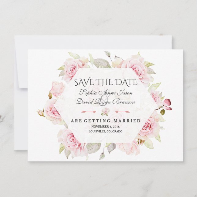 Pretty Pink Floral Geometric Wedding Save The Date (Front)