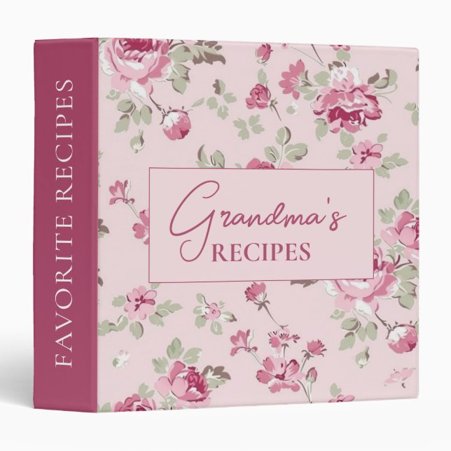 Pretty Pink Floral Gingham Grandmas Recipes 3 Ring Binder (Front/Spine)