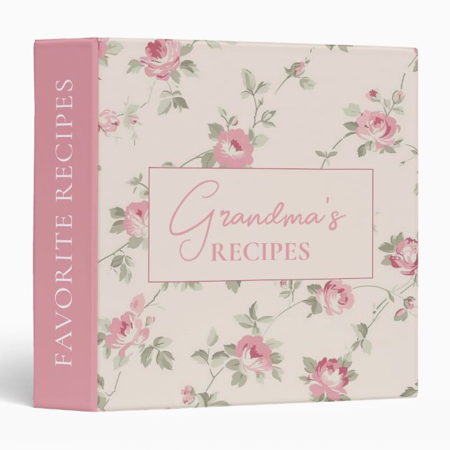 Pretty Pink Floral Gingham Grandmas Recipes 3 Ring Binder (Front/Spine)