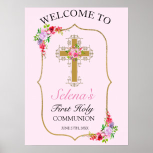 Pretty Pink Floral Girls 1st Holy Communion Poster