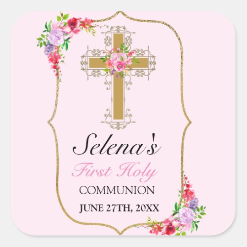 Pretty Pink Floral Girls 1st Holy Communion Square Sticker