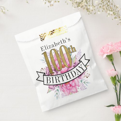 Pretty Pink Floral Gold 100th Birthday  Favor Bag