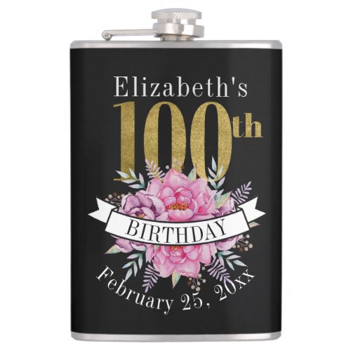 Pretty Pink Floral Gold 100th Birthday Flask