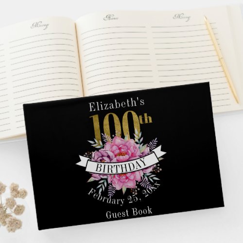 Pretty Pink Floral Gold 100th Birthday  Guest Book