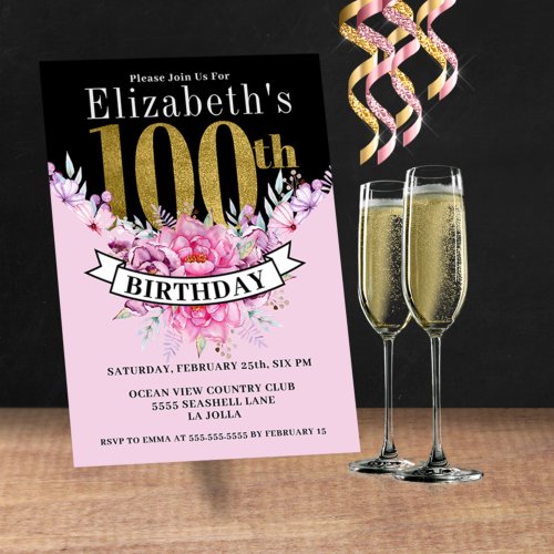 Pretty Pink Floral Gold 100th Birthday Invitation