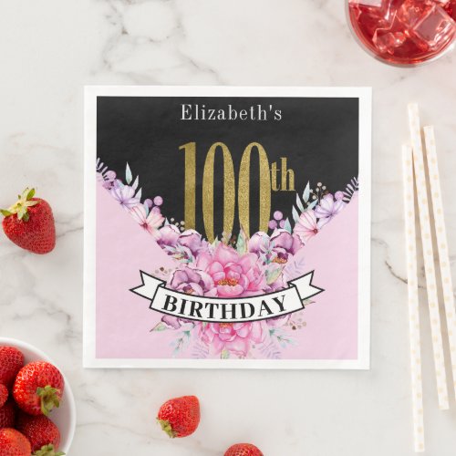 Pretty Pink Floral Gold 100th Birthday Paper Dinner Napkins
