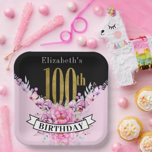 Pretty Pink Floral Gold 100th Birthday Paper Plates