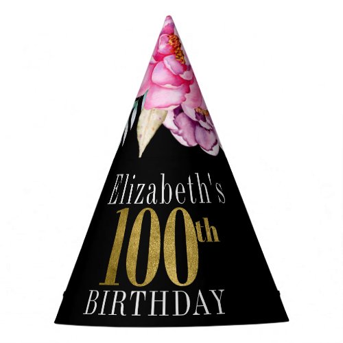 Pretty Pink Floral Gold 100th Birthday Party Hat
