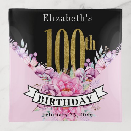 Pretty Pink Floral Gold 100th Birthday  Trinket Tray