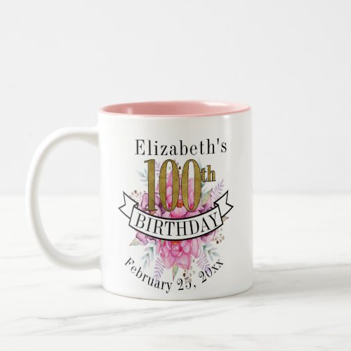Pretty Pink Floral Gold 100th Birthday  Two_Tone Coffee Mug