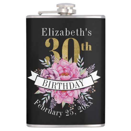 Pretty Pink Floral Gold 30th Birthday Flask