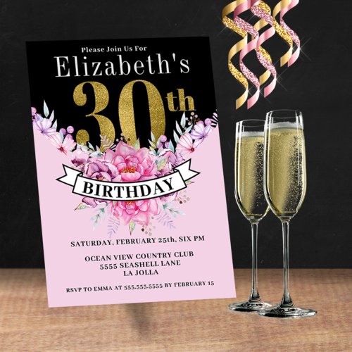 Pretty Pink Floral Gold 30th Birthday  Invitation