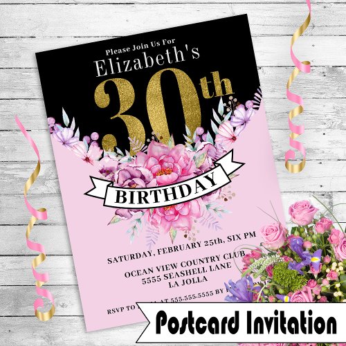 Pretty Pink Floral Gold 30th Birthday Invite