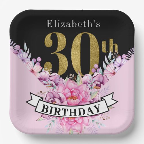 Pretty Pink Floral Gold 30th Birthday  Paper Plates
