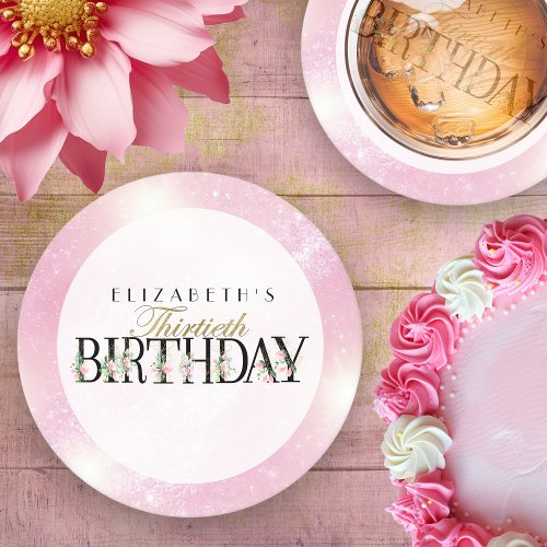 Pretty Pink Floral Gold 30th Birthday Round Paper Coaster