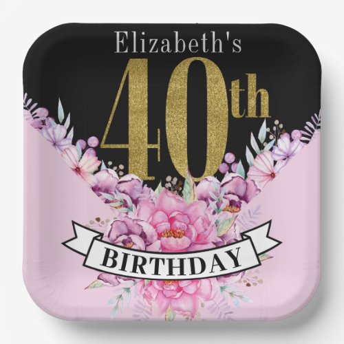 Pretty Pink Floral Gold 40th Birthday Paper Plates