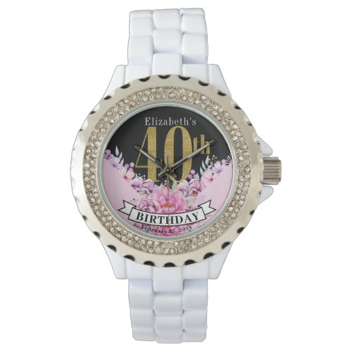 Pretty Pink Floral Gold 40th Birthday  Watch