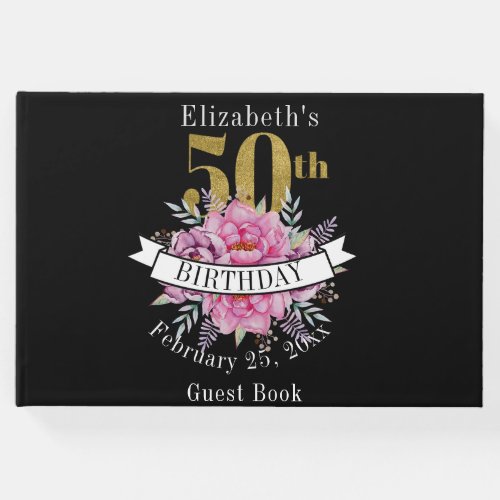 Pretty Pink Floral Gold 50th Birthday Guest Book