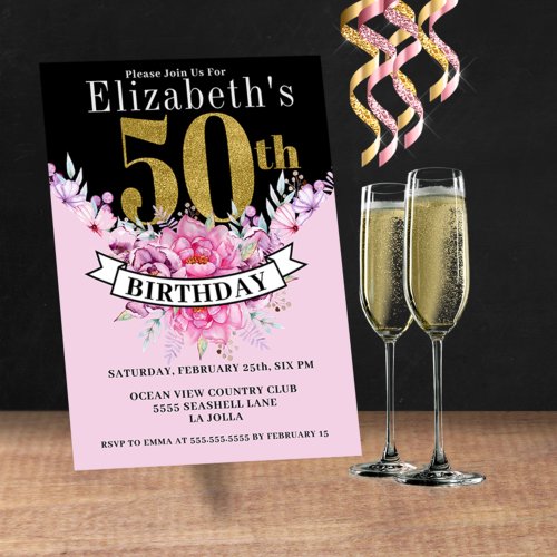 Pretty Pink Floral Gold 50th Birthday Invitation