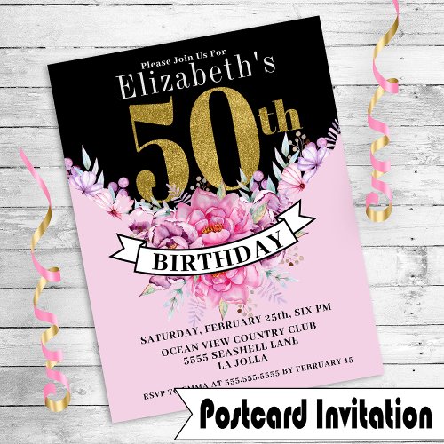 Pretty Pink Floral Gold 50th Birthday Invite