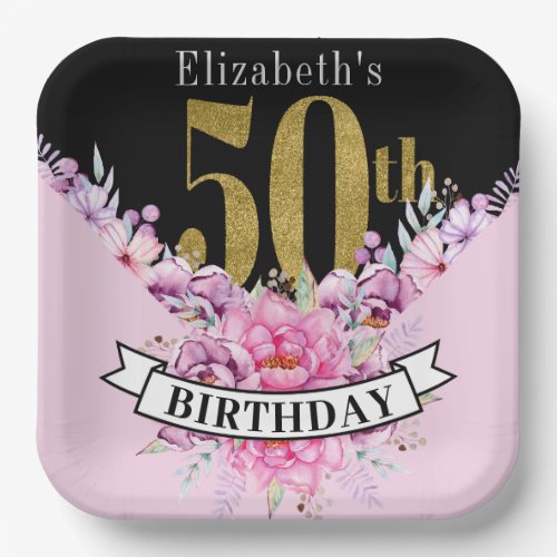 Pretty Pink Floral Gold 50th Birthday Paper Plates