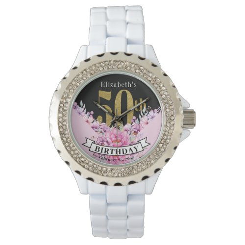 Pretty Pink Floral Gold 50th Birthday Watch