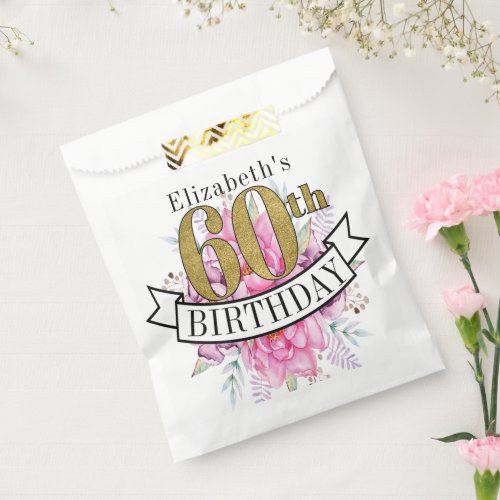 Pretty Pink Floral Gold 60th Birthday  Favor Bag