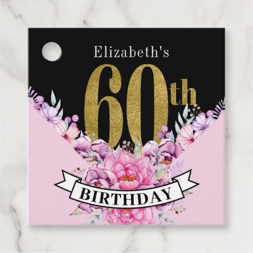 Pretty Pink Floral Gold 60th Birthday  Favor Tags