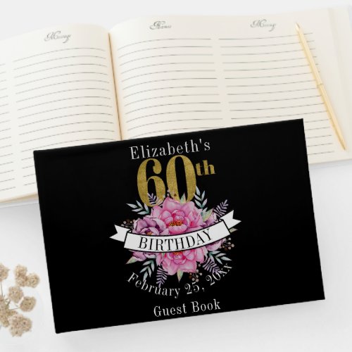 Pretty Pink Floral Gold 60th Birthday Guest Book