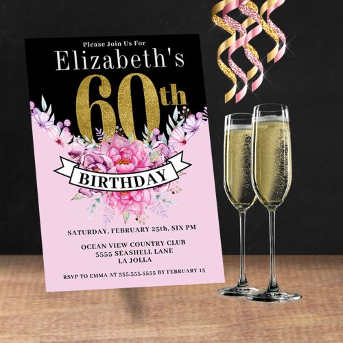 Pretty Pink Floral Gold 60th Birthday  Invitation