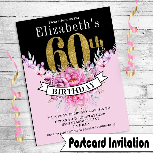 Pretty Pink Floral Gold 60th Birthday Invite
