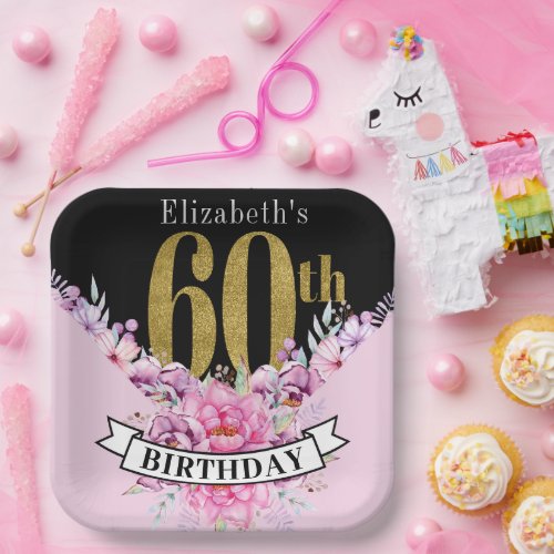 Pretty Pink Floral Gold 60th Birthday Paper Plates