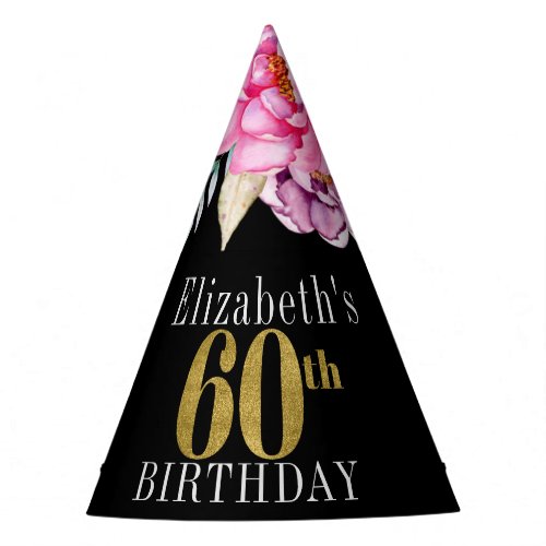 Pretty Pink Floral Gold 60th Birthday  Party Hat