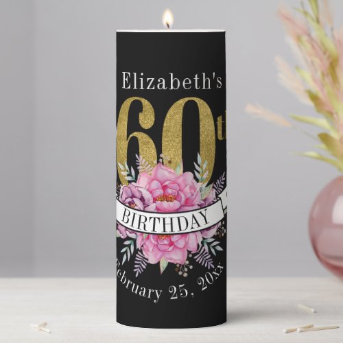 Pretty Pink Floral Gold 60th Birthday  Pillar Candle