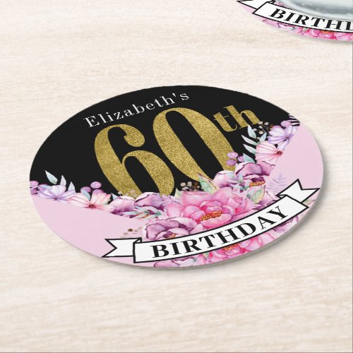 Pretty Pink Floral Gold 60th Birthday  Round Paper Coaster