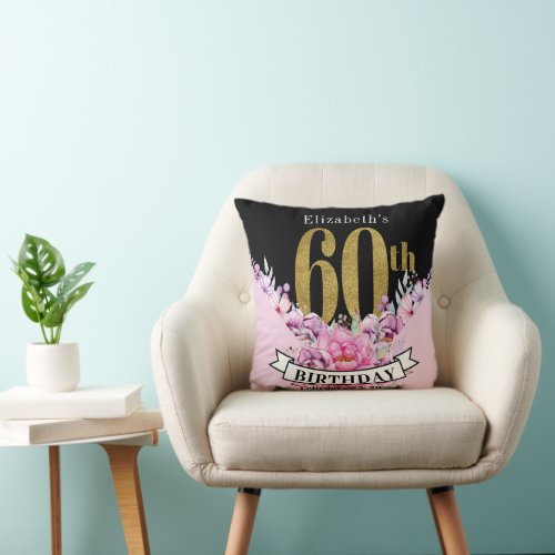 Pretty Pink Floral Gold 60th Birthday Throw Pillow