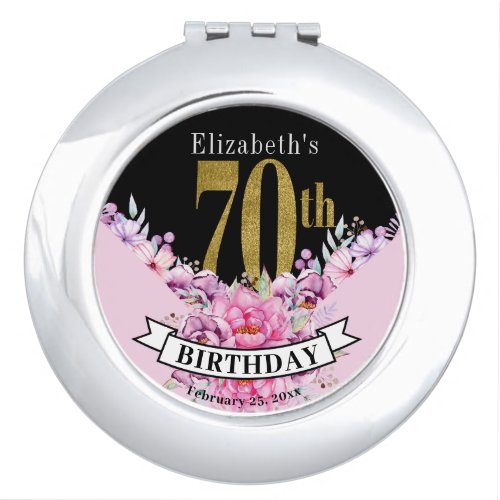 Pretty Pink Floral Gold 70th Birthday  Compact Mirror