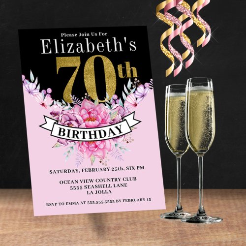 Pretty Pink Floral Gold 70th Birthday  Invitation