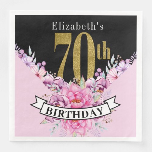 Pretty Pink Floral Gold 70th Birthday  Paper Dinner Napkins