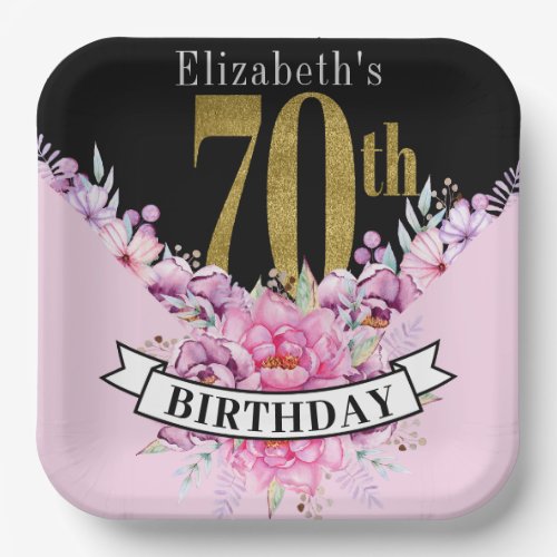 Pretty Pink Floral Gold 70th Birthday Paper Plates