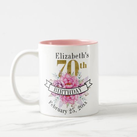 Pretty Pink Floral Gold 70th Birthday  Two-tone Coffee Mug