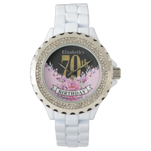 Pretty Pink Floral Gold 70th Birthday Watch