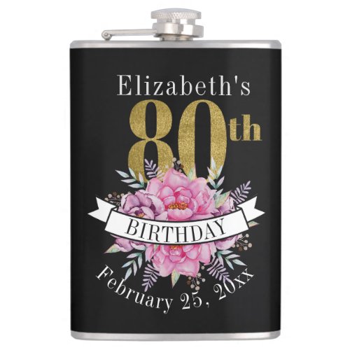 Pretty Pink Floral Gold 80th Birthday  Flask