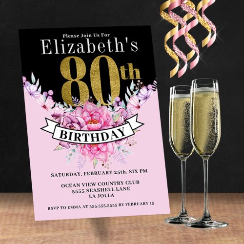 Pretty Pink Floral Gold 80th Birthday Invitation