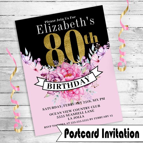 Pretty Pink Floral Gold 80th Birthday Invitation Postcard